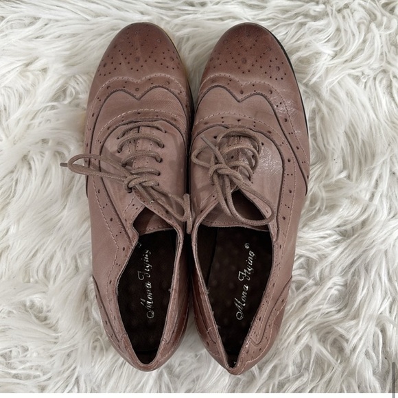 MONA FLYING Brown Flat Leather Oxford Shoes Lace-up Wingtip Vintage Shoes - Picture 8 of 16